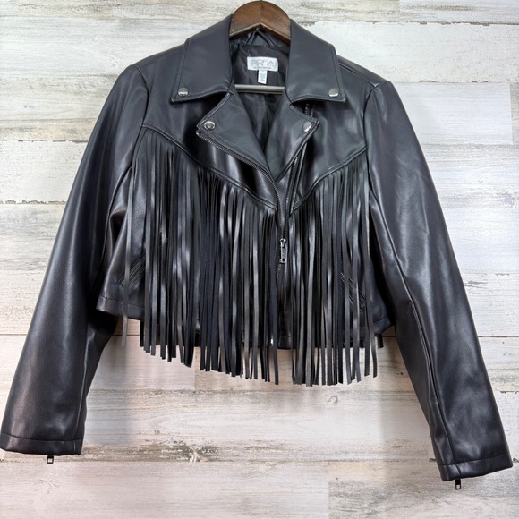 Sofia Jeans by Sofia Vergara Jackets & Blazers - Sofia Jeans by Sofia Vergara Black Faux Leather Fringe Moto Jacket S Festival
